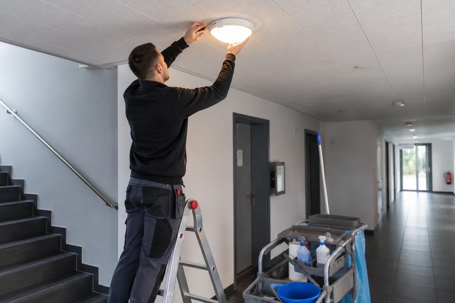 Techniker von Achims Hausmeisterservice montiert eine Deckenleuchte im Treppenhaus